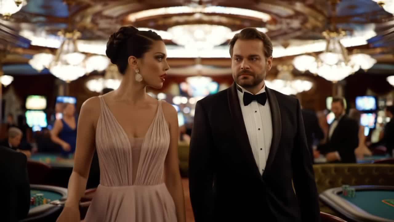A Dapper Gentleman and Elegant Lady Stroll Through a Glamorous Casino, Capturing the Essence of High-Stakes Gambling and Sophisticated Evening Entertainment