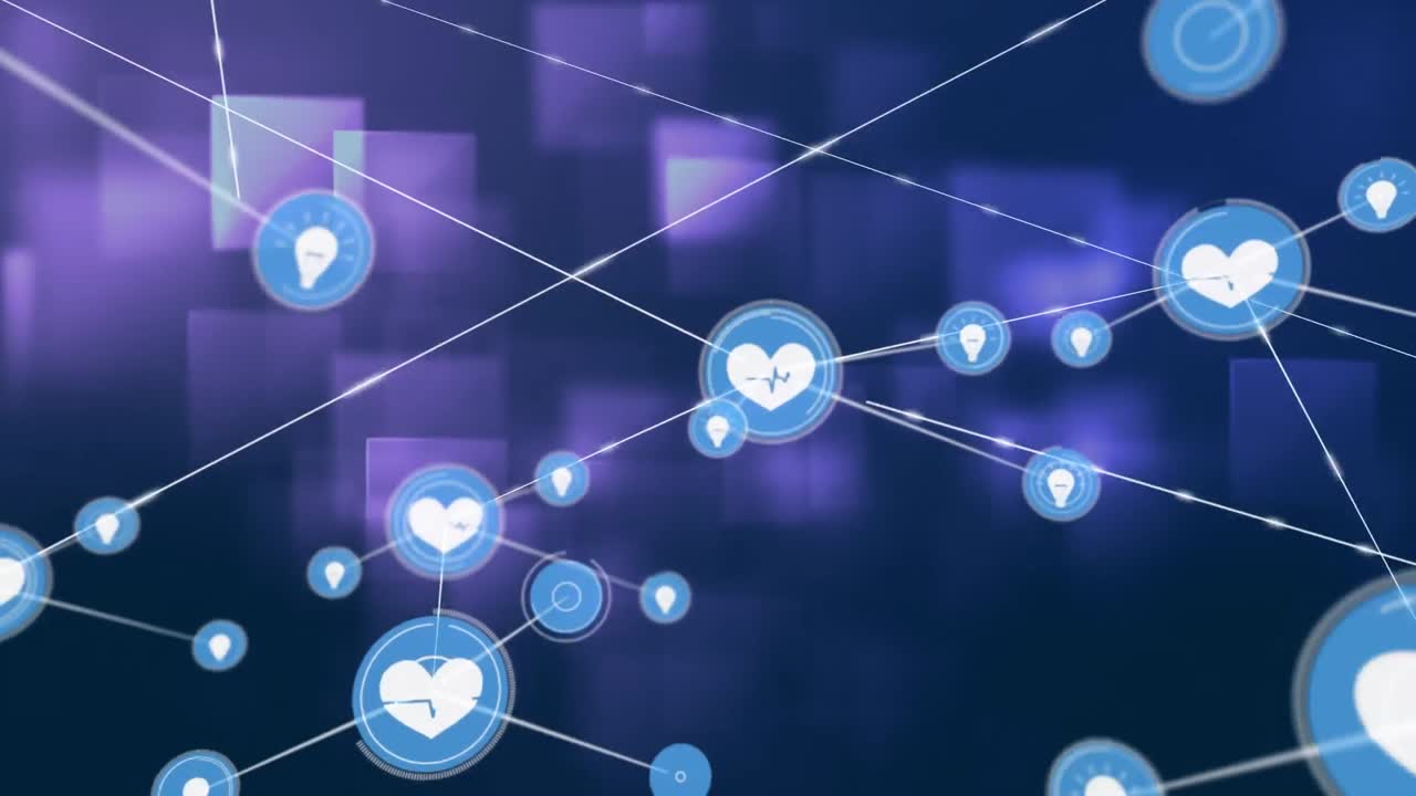 보라색 배경에 떠다니는 사각형 모양의 디지털 아이콘 네트워크의 애니메이션