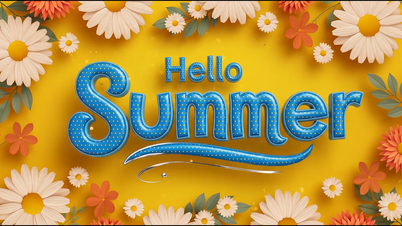 Hello Summer Seasonal Typography Animation with Blue Text and Floral Decorations on Yellow Background