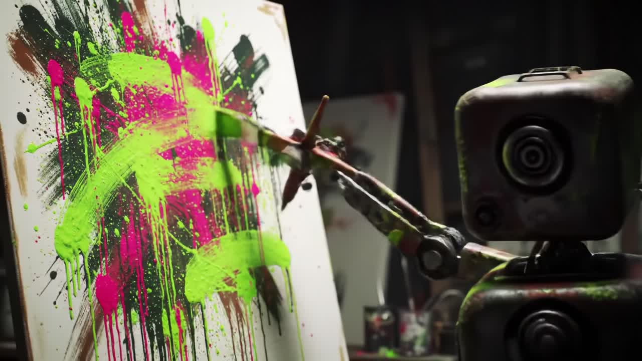 Un Robot Artista Crea Arte Astratta Vibrante con Colori Audaci e Pennellate Dinamiche in un'Impressionante Ambientazione da Studio