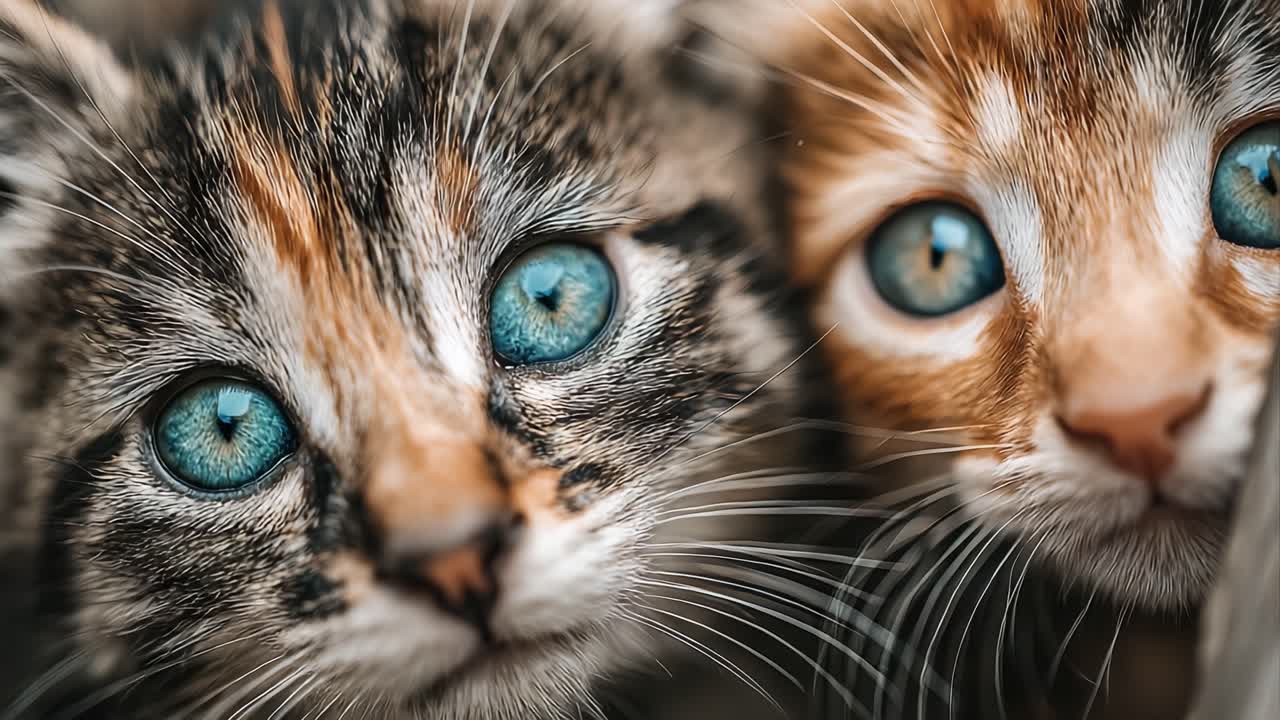 Primo piano accattivante di due adorabili gattini con sorprendenti occhi blu e motivi unici del pelo, che mostrano la loro curiosità e giocosità in un momento commovente