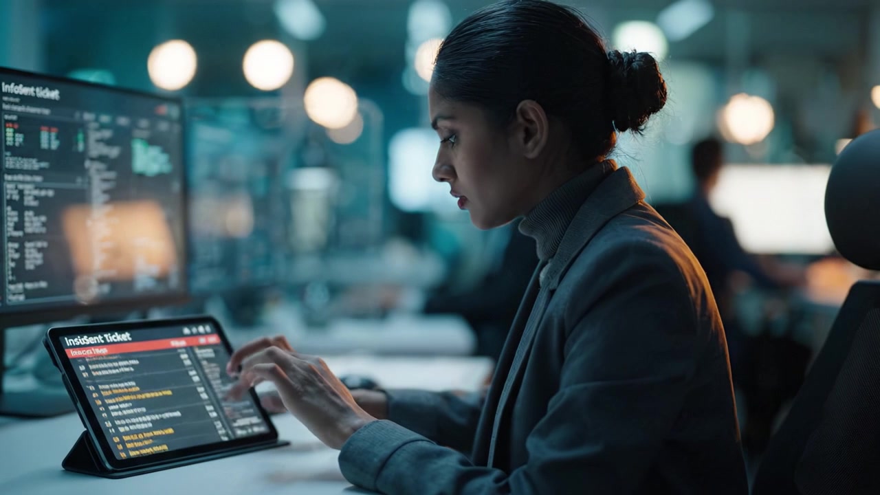 Focused professional analyzing incident ticket data on a digital tablet while working in a modern office environment, surrounded by technology and screens.