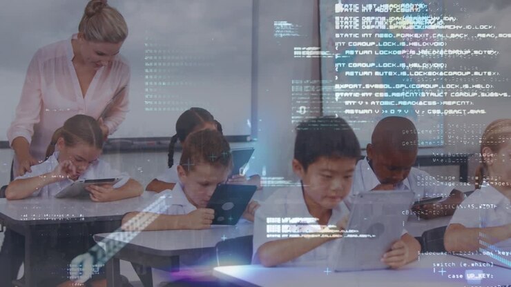 Animation mathematischer Gleichungen über Schülern, die im Klassenzimmer Laptops benutzen.