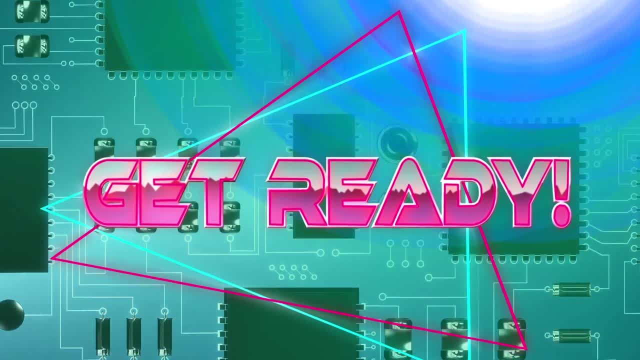 파란색 배경에 마이크로프로세서 연결의 클로즈업에 네온 삼각형에 준비 텍스트를 얻을