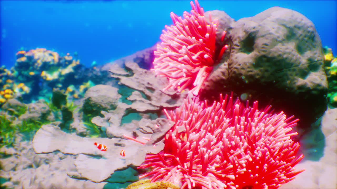 Vibrant coral reef showcasing pink anemones and colorful fish in clear waters