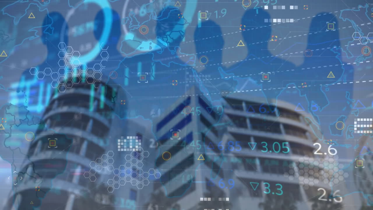 그래프의 애니메이션, 거래 보드, 사람들의 그림자, 하늘에 대한 건물의 낮은 각도 시각