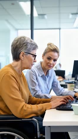 Businesswoman in wheelchair works with colleague in office.