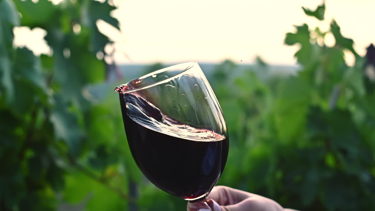 Una mano tiene un bicchiere di vino rosso, circondata da viti verdi. Il sole tramonta sullo sfondo, creando un'atmosfera serena, perfetta per il relax.