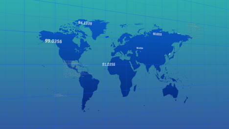 animación de números sobre el patrón de cuadrícula y el lenguaje informático contra el mapa sobre fondo azul