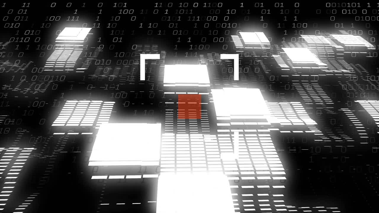 central glowing platforms being rendered in 3D data matrix, showcasing floating binary digits