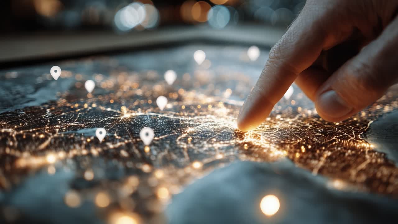 A close-up view of a hand interacting with a illuminated map, showcasing urban areas with pinpoint locations highlighted against a dark background