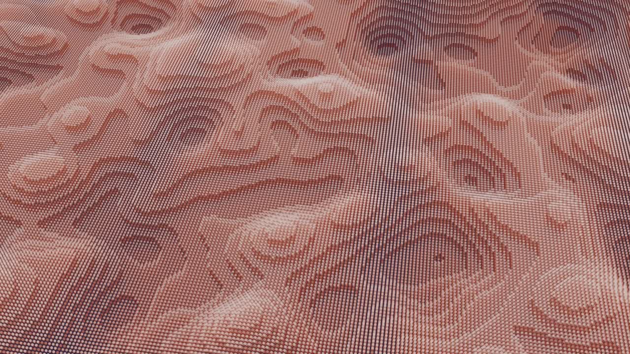 movimiento rosa claro abstracto de la textura de puntos ondulados con partículas desfocalizadas brillantes. animación. fondo digital cibernético o tecnológico con textura granulada, bucle sin costuras.