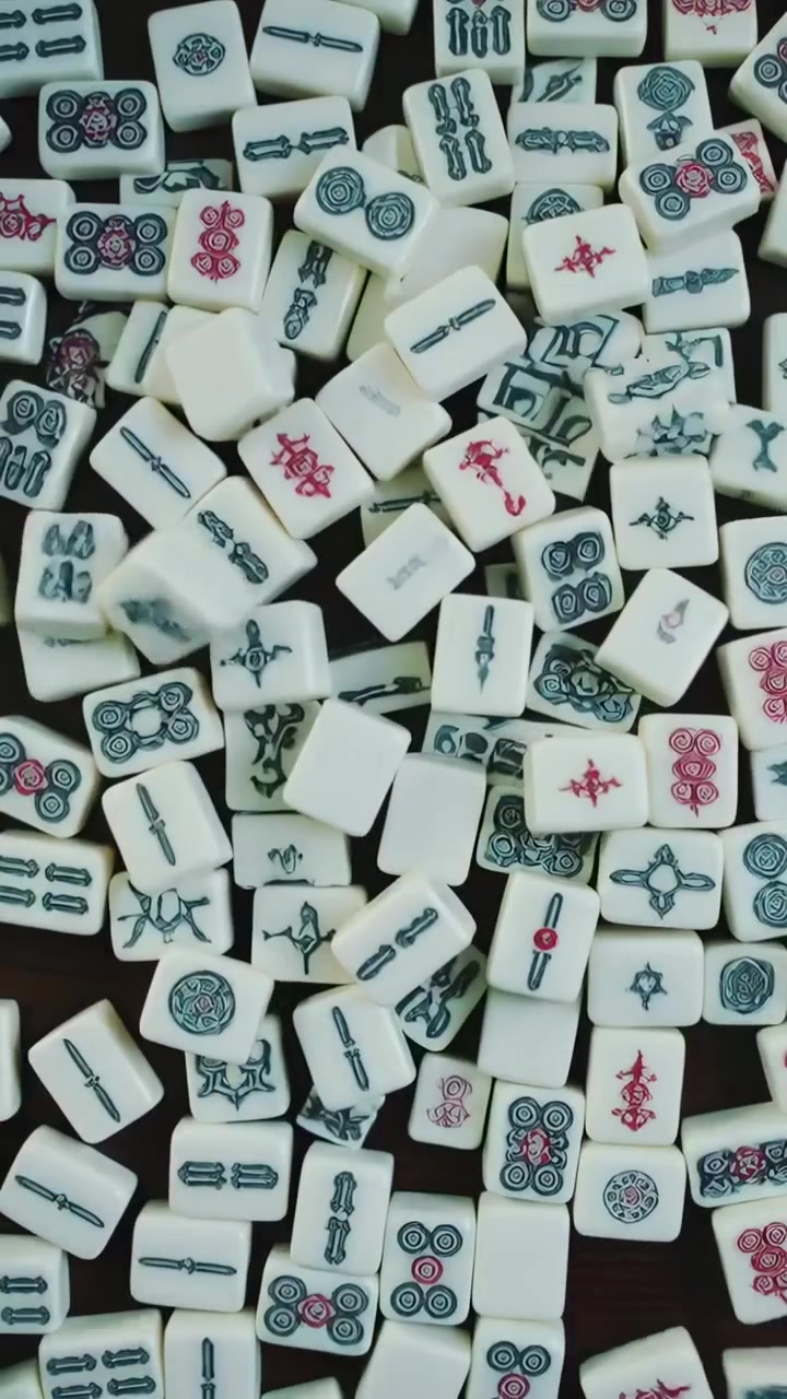 Vertical video: Entering hands scooping tiles with symbols on dark table short sleeves for play