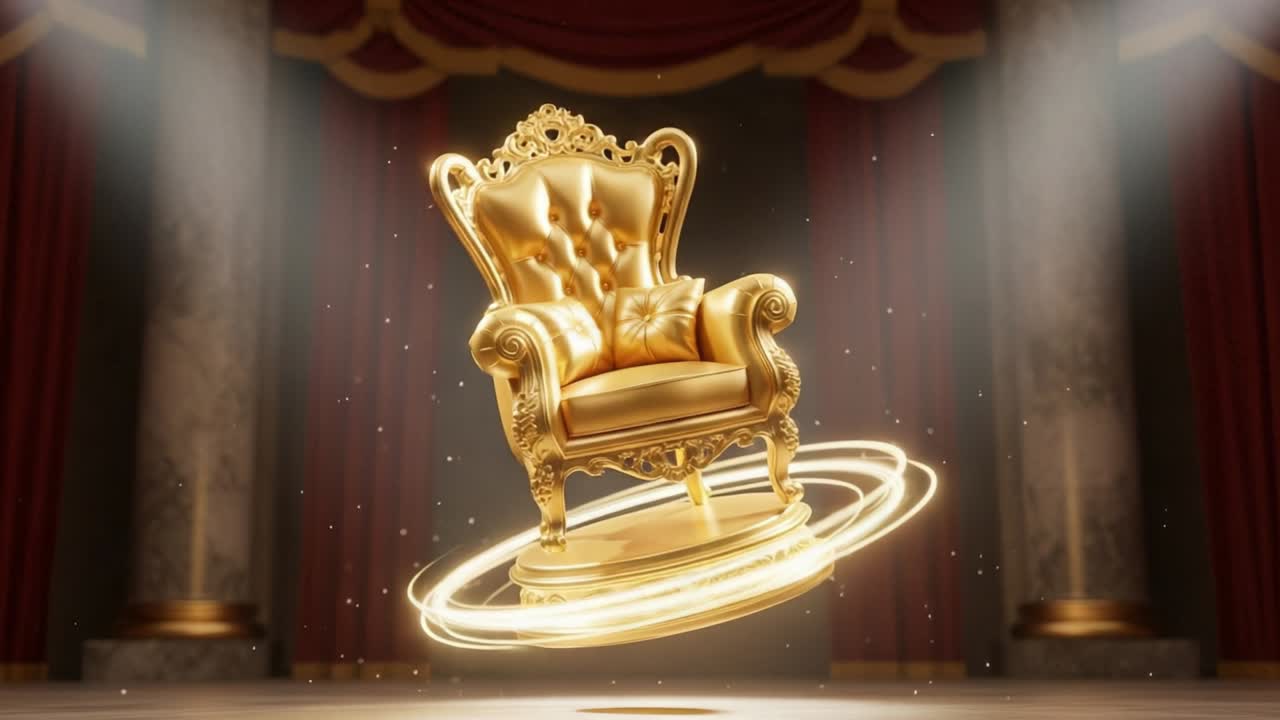 An Enchanted Golden Throne Elevates in the Spotlight, Surrounded by Elegant Drapes and Regal Pillars, Capturing the Essence of Luxury and Prestige in a Magical Setting