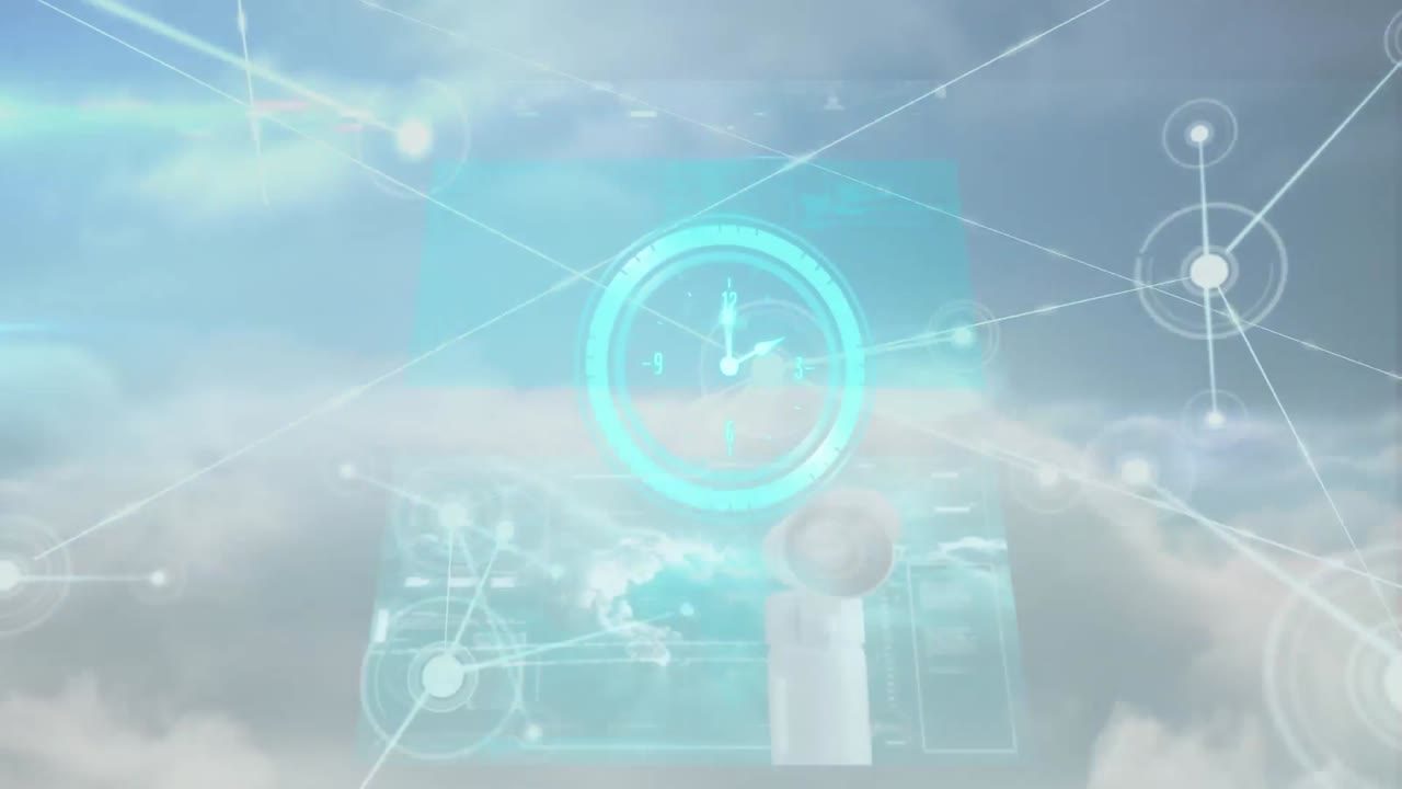 데이터 처리 및 연결 네트워크를 통해 빠르게 움직이는 시계의 애니메이션