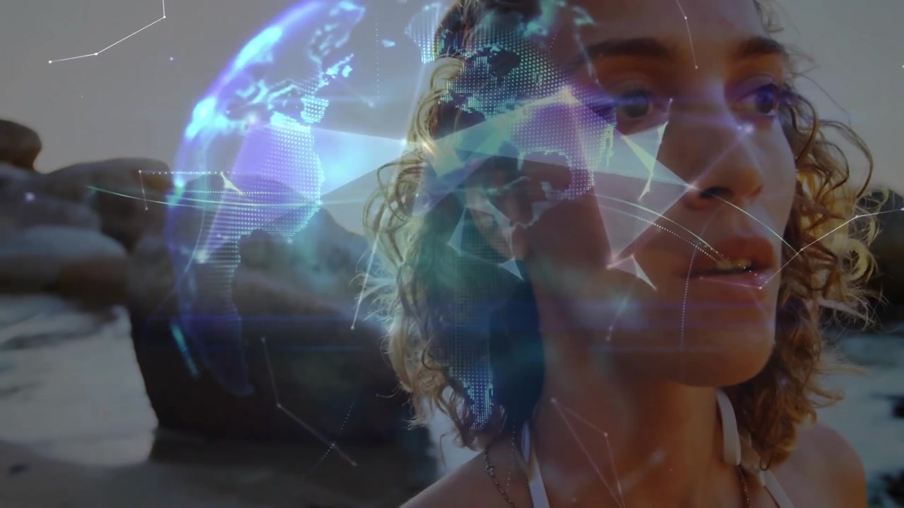 Mulher em pé na costa rochosa, ativando rede em um globo de holograma giratório para uma apresentação de tecnologia.