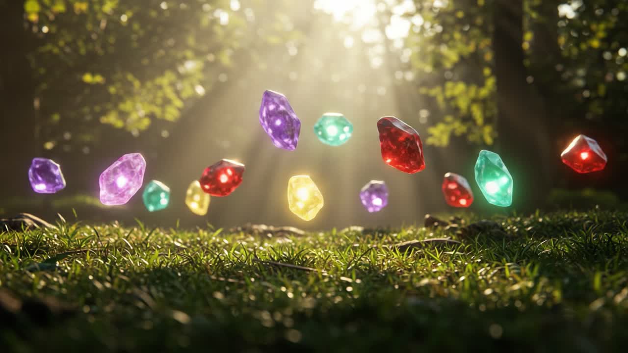 A Stunning Display of Colorful Floating Gems Illuminated by Sunlight in a Serene Forest, Creating a Magical Atmosphere of Enchantment and Wonder