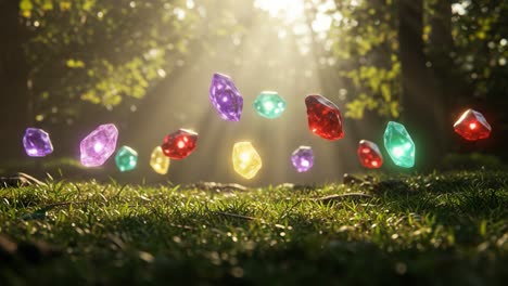 A Stunning Display of Colorful Floating Gems Illuminated by Sunlight in a Serene Forest, Creating a Magical Atmosphere of Enchantment and Wonder