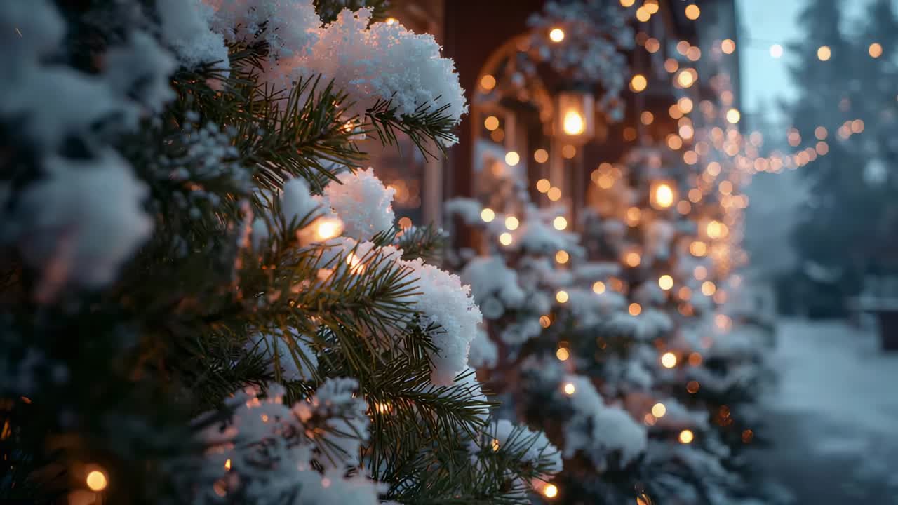 Opening pine branch holding lights at archway, couple in coats joining hands strolling, copy space