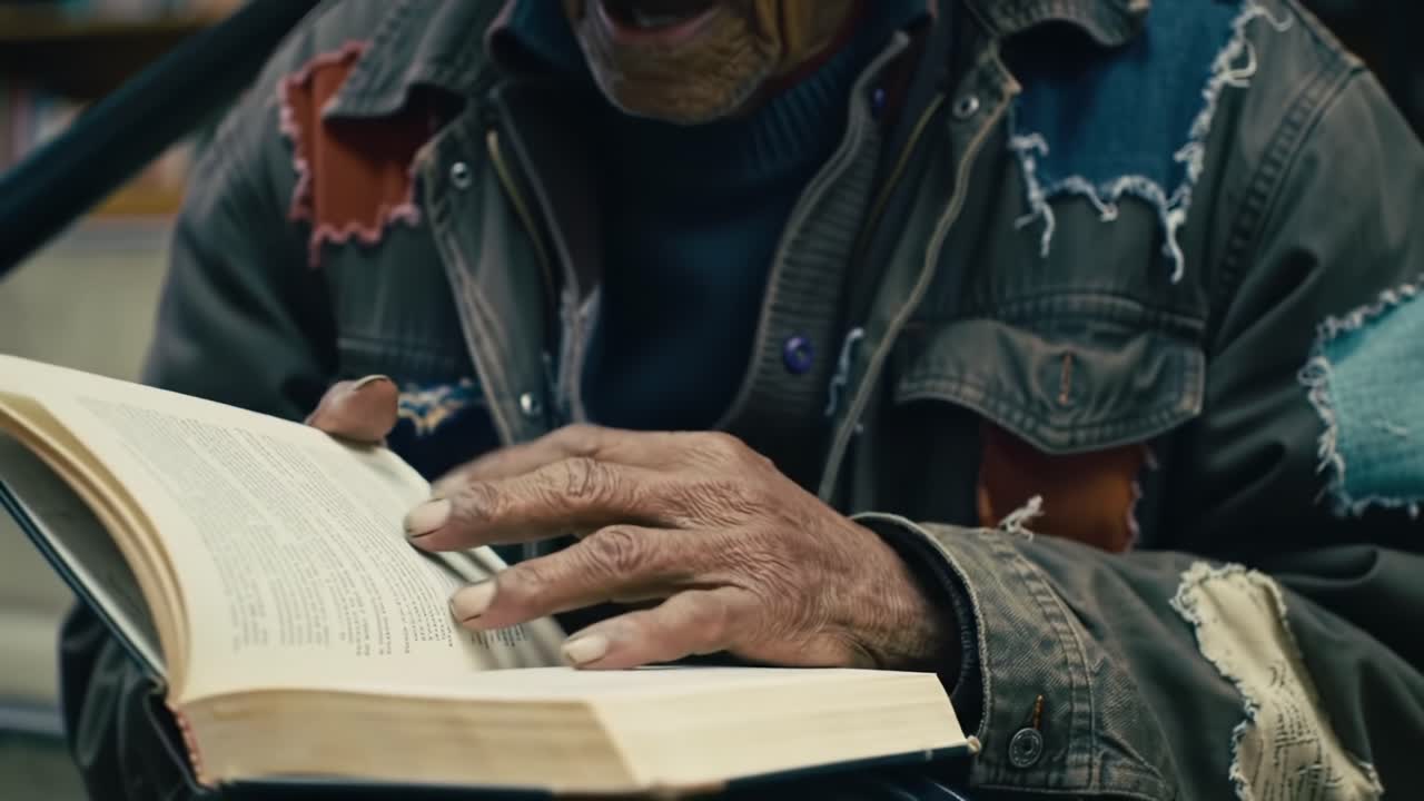 A Thoughtful Reader Engrossed in Literature in a Colorful Patchwork Jacket, Embracing the Wisdom of Words and the Pleasures of Reading