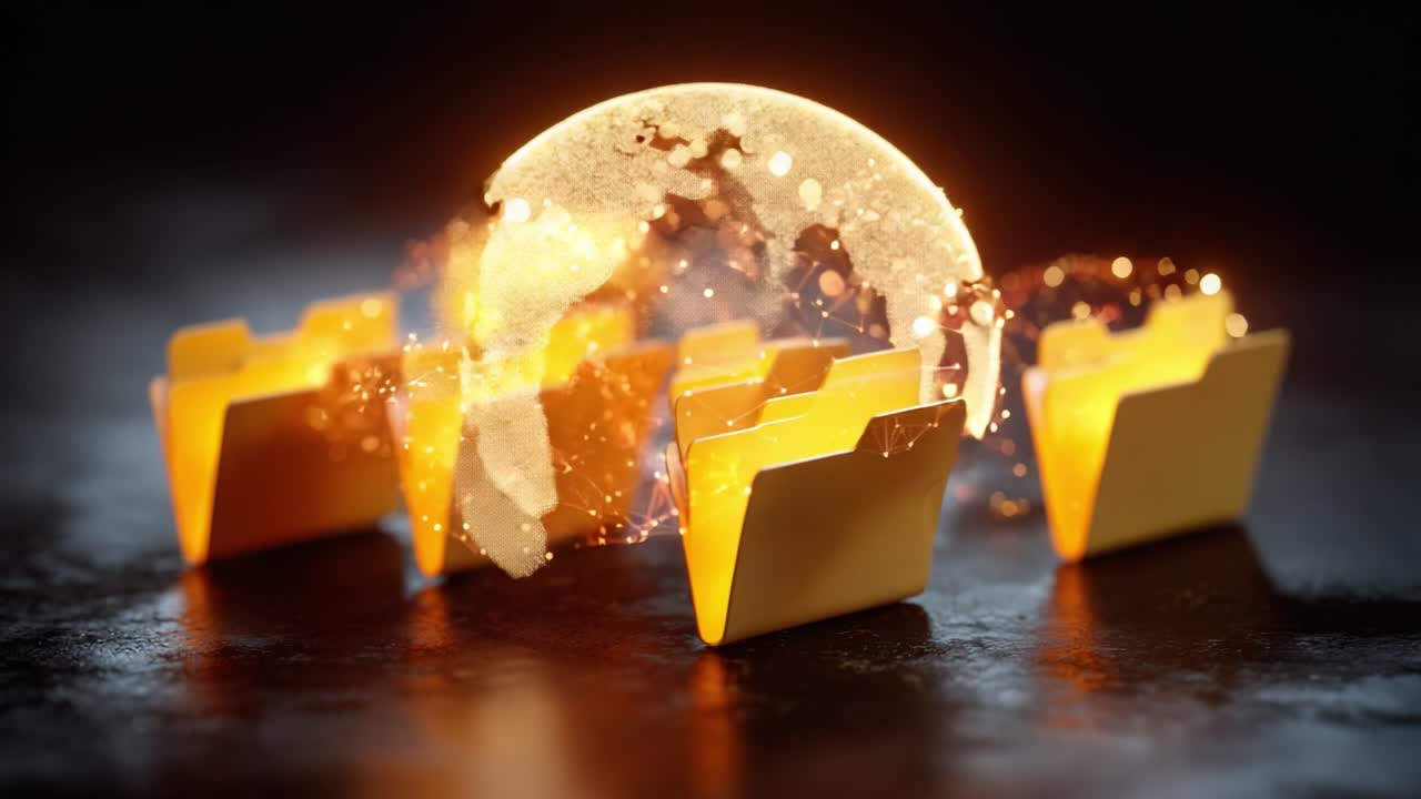 A Digital Transformation Journey: Illuminating Yellow Folders Surrounded by Glowing Data Connections and a Shimmering Global Sphere, Symbolizing Information Sharing and Connectivity