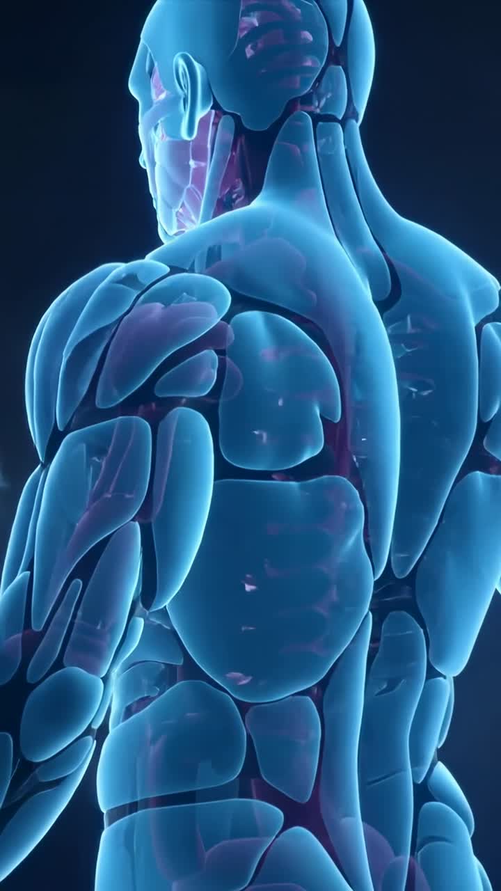 Video verticale: Torso ciano trasparente che ruota, rivelando organi e colonna vertebrale in blu scuro.