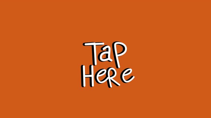Animation of white words Tap Here flickering on orange background with rays