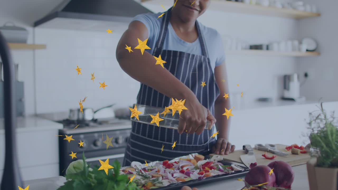 Woman picking up oil bottle, pouring oil onto veg for cooking while animated stars obscuring woman