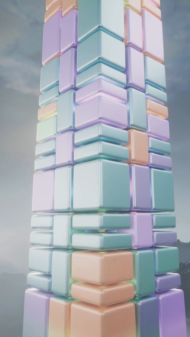 Vertical video: Starting rising camera showing pastel tower on base, with shiny tiles and hazy sky
