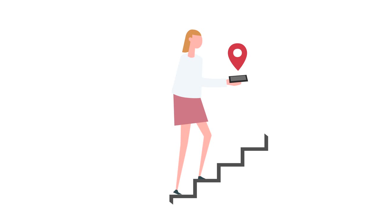 animación de personajes de mujeres coloridas. niña sube en la escalera de la carrera con marcador gps