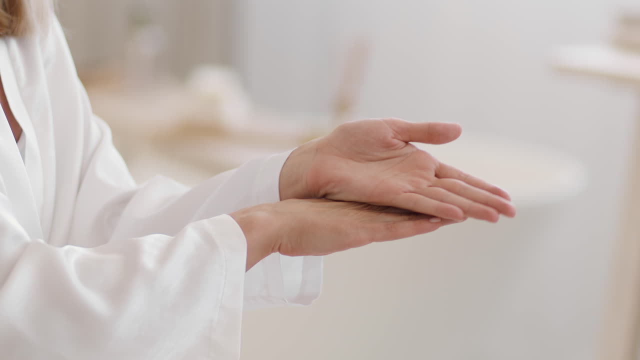 Woman Applying Hand Cream or Skincare Product