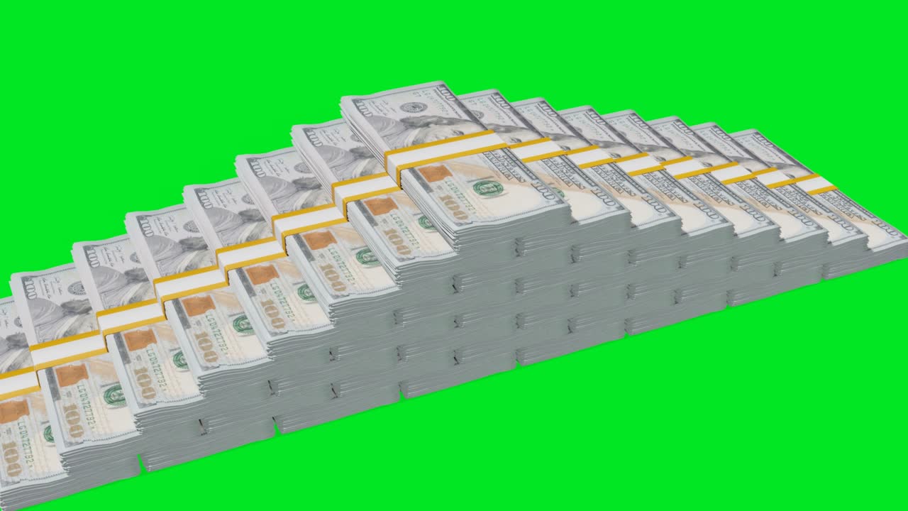 Banyak tumpukan uang latar belakang chromakey. Uang kertas 100 Dolar AS. Tumpukan uang.