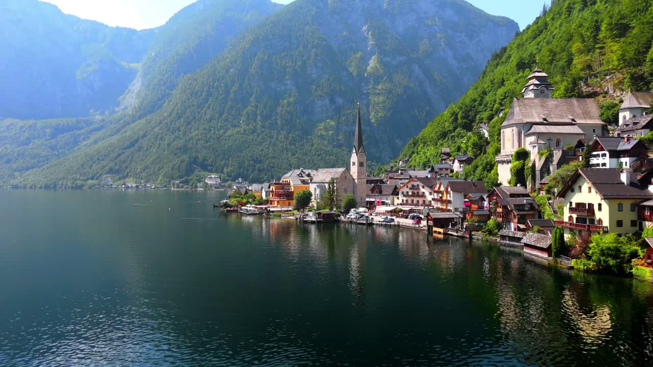 Hallstatt lakeside panorama with Alps and waterfront houses