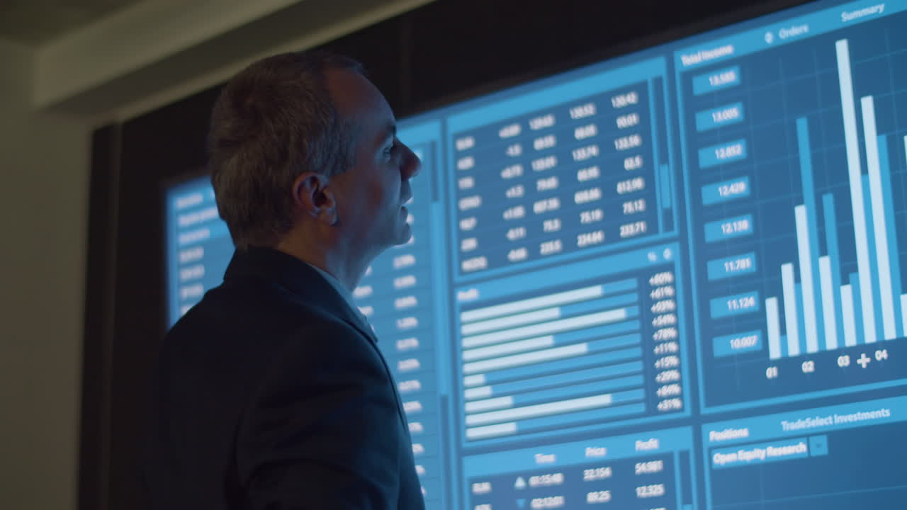 商人分析大屏幕上显示的数据和统计数据