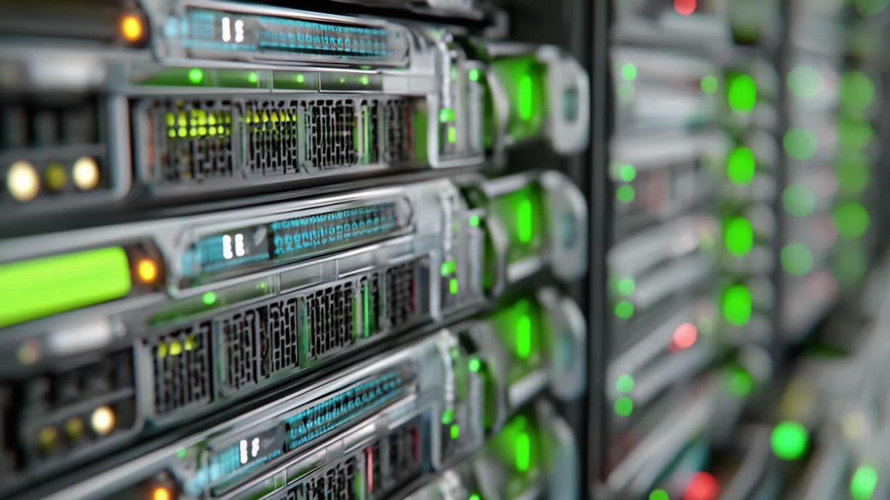 Exploring the Intricate Design and Functionality of High-Tech Server Racks with LED Indicators, Data Management, and Network Operations in Modern Data Centers