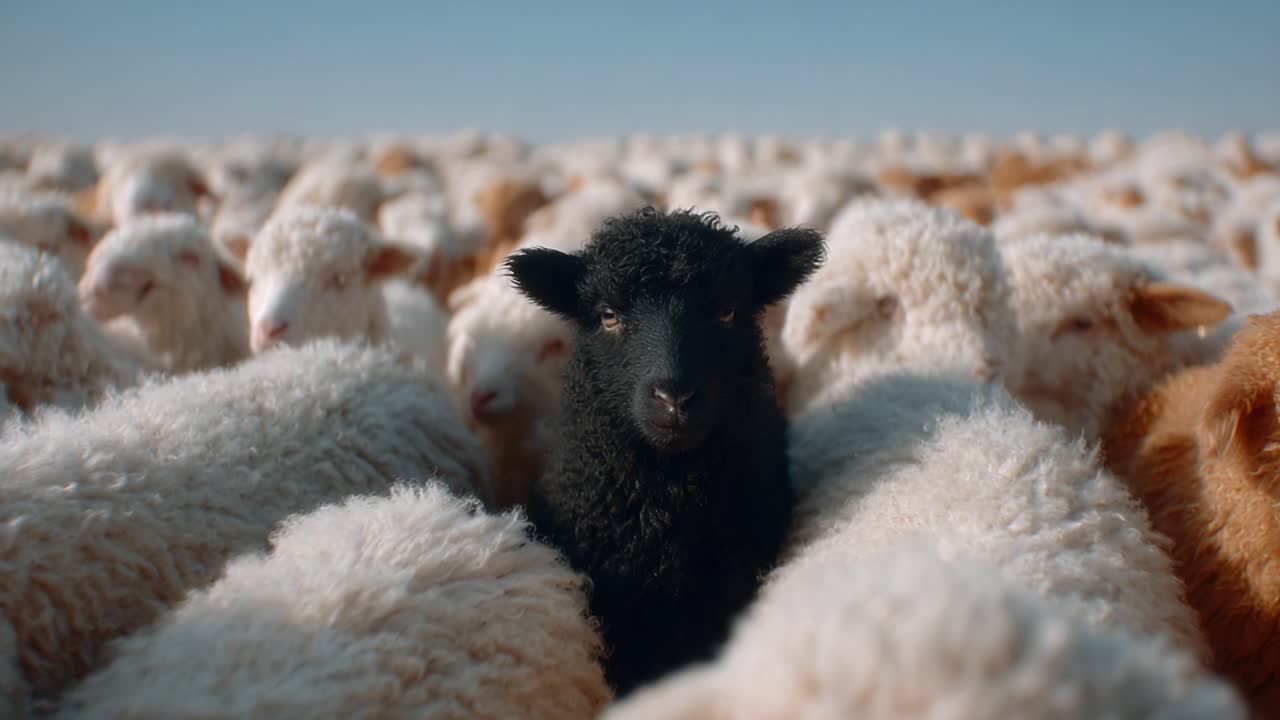 A solitary black sheep stands out amidst a crowd of white sheep, embodying uniqueness and individuality in a tranquil pastoral scene