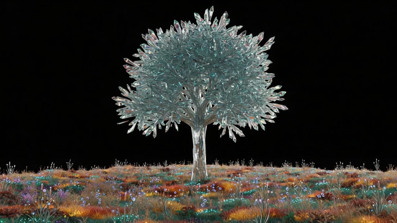 A Majestic Crystal Tree Surrounded by Lush, Colorful Flora in a Vibrant, Dreamlike Landscape Against a Dark Background