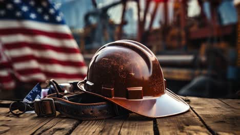 work helmet and tools on a table with american flag, usa labor day