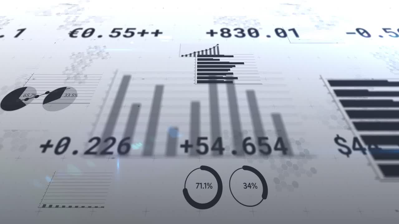 Animation of financial data processing, numbers changing and statistics