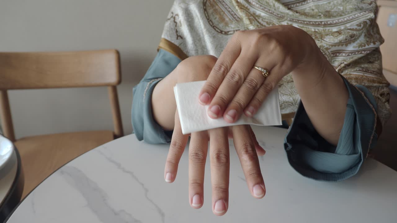 mujer limpiándose las manos con un pañuelo