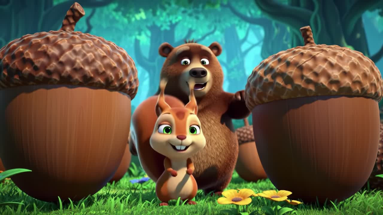A Charming Animated Adventure in a Whimsical Forest Featuring a Playful Squirrel and a Friendly Bear Surrounded by Acorns and Bright Flowers