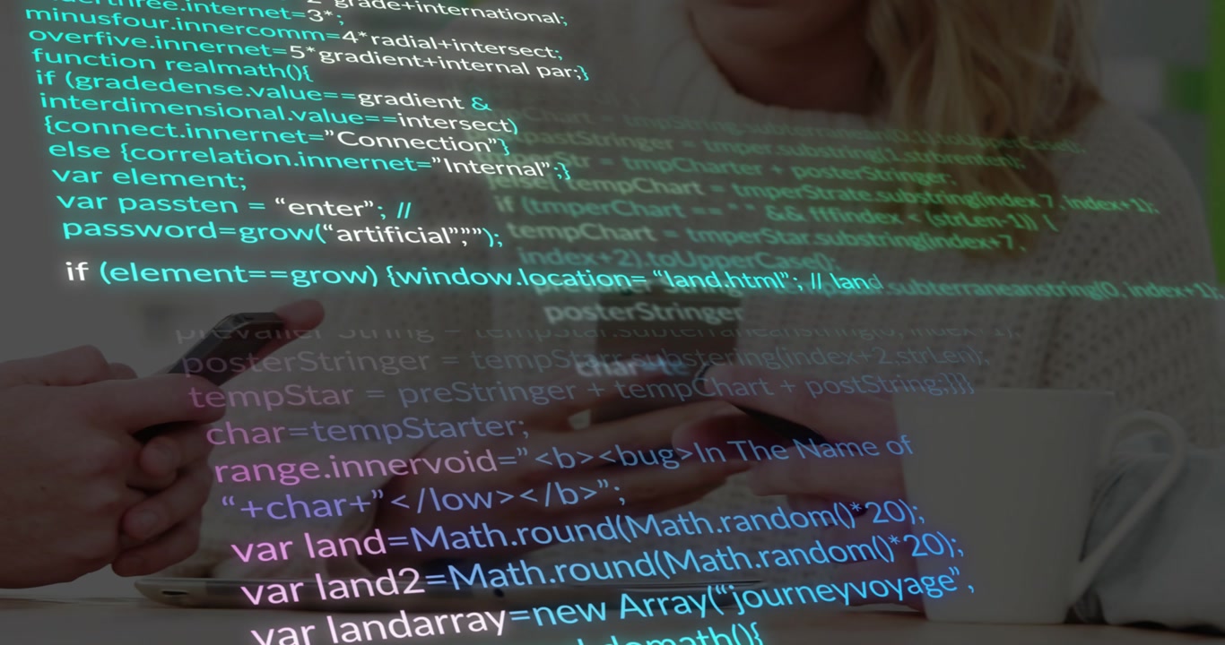 Man grabbing smartphone on tech table after code overlay, tapping and swiping while scrolling