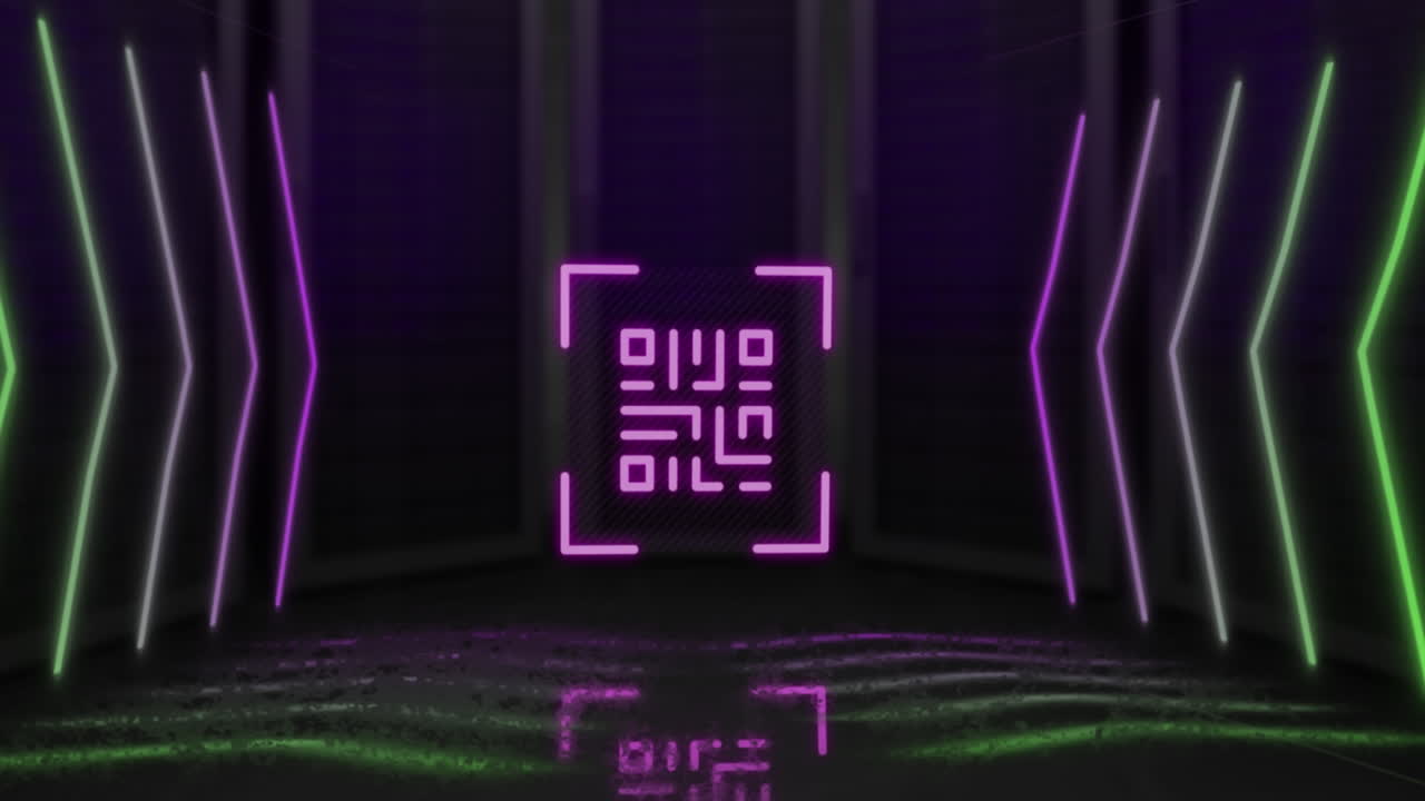 Scanner di codici QR con elementi al neon su sfondo nero