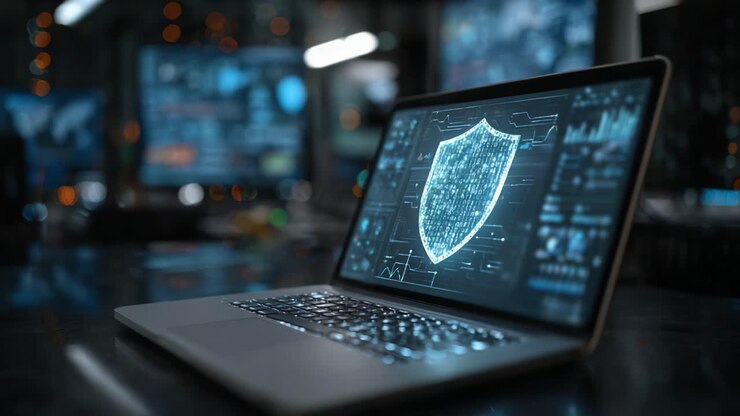 A High-Tech Laptop Displaying a Digital Shield Symbolizing Cybersecurity in a Modern Data Center Environment with Advanced Digital Interfaces and Visualizations