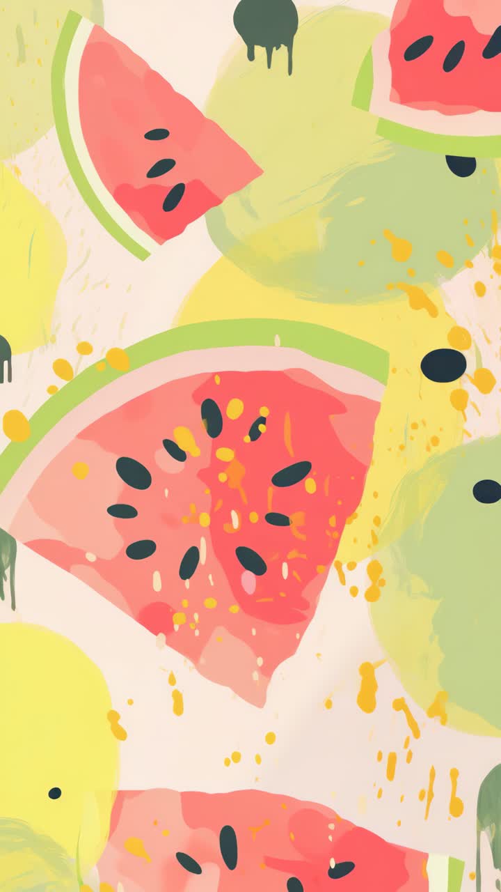 Animated Abstract Watermelon and Fruit Pattern with Paint Splatters
