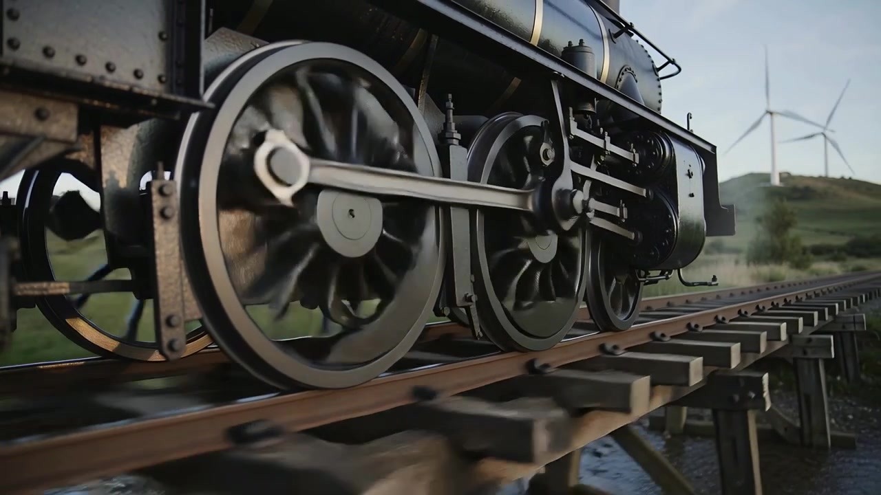 Cruzando un puente de caballetes, las ruedas motrices de la locomotora de vapor giran y las bielas se mueven sobre el agua