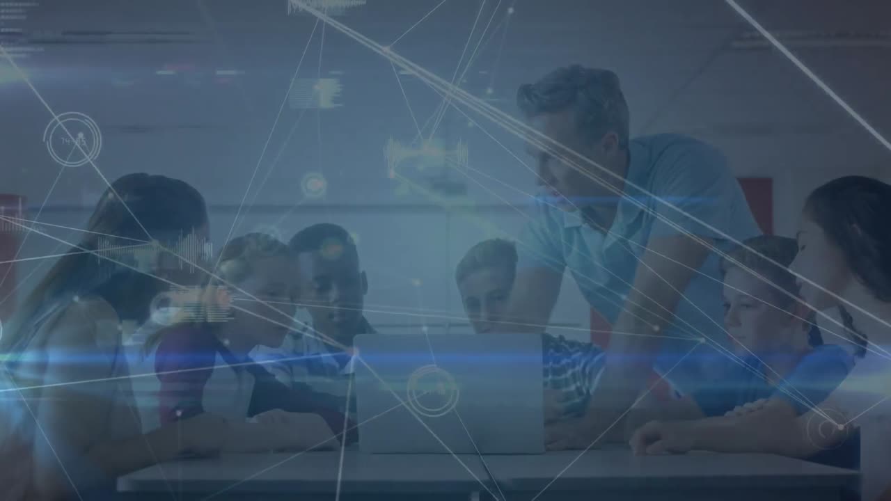 다양한 학생들과 함께 백인 교사에 대한 데이터 처리 애니메이션