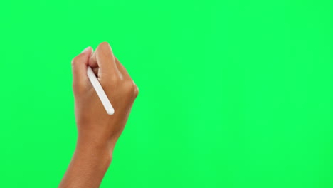 hands, writing and digital pen on green screen