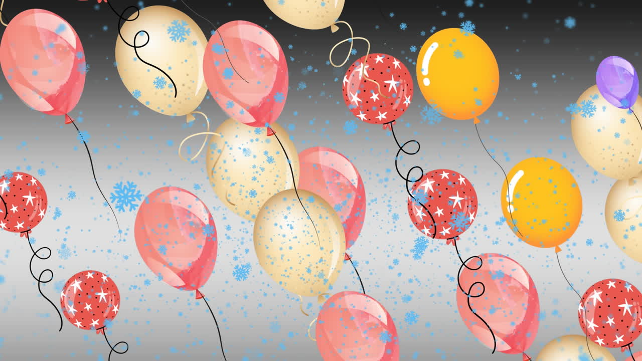 este video presenta globos de colores flotando contra un fondo negro