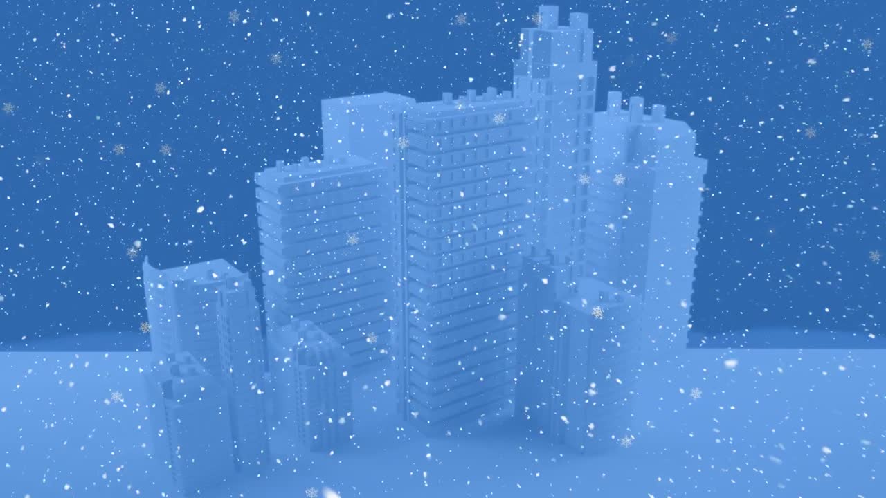 Animazione di neve che cade su grattacieli in un paesaggio invernale
